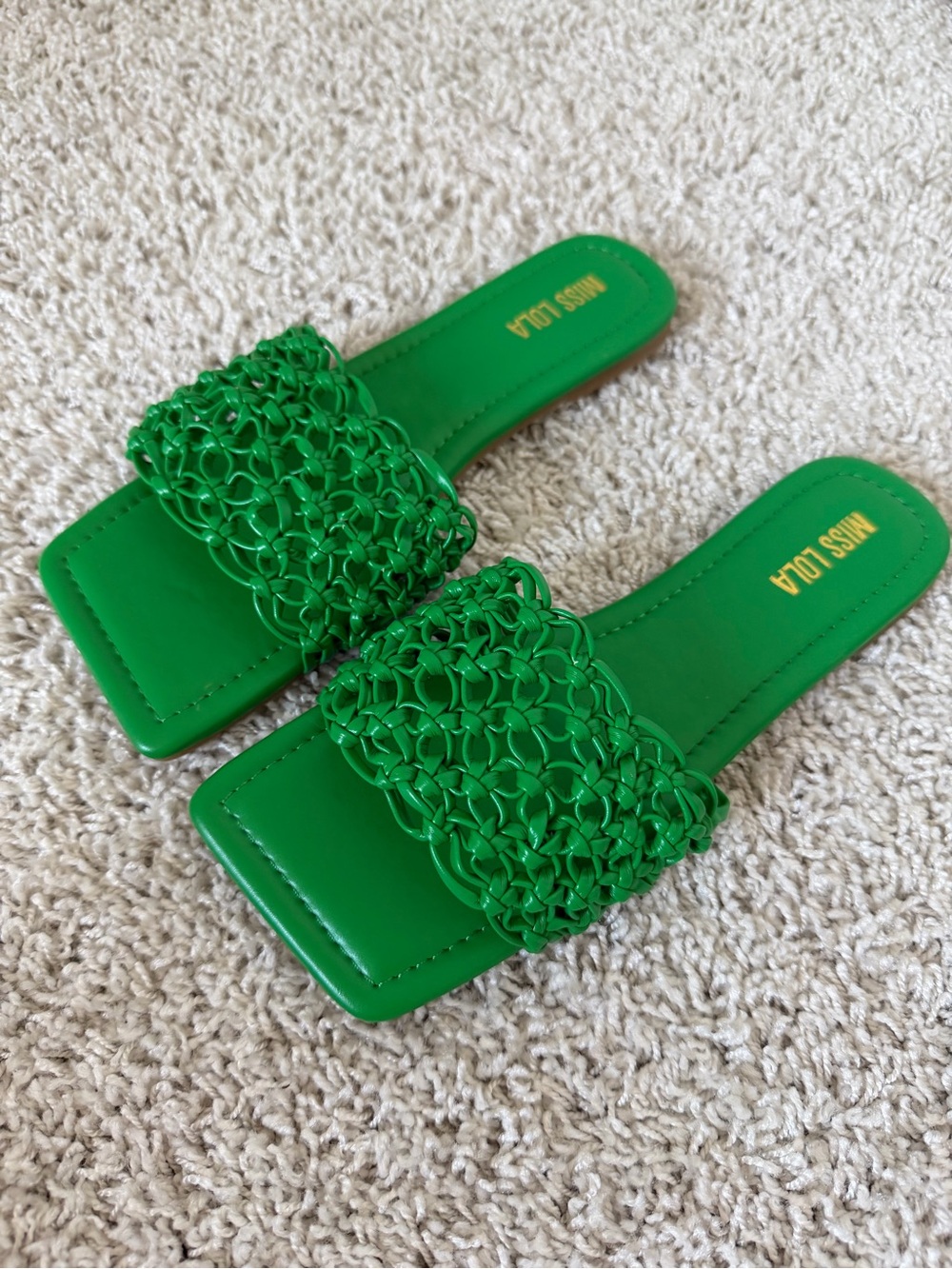 Miss Lola Emerald Green Woven Square-Toe Slides